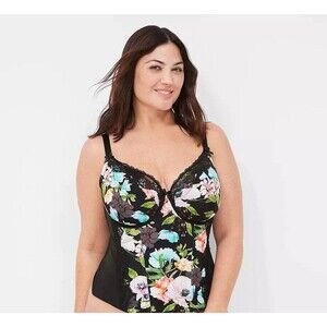 Lane Bryant CACIQUE Seriously Sexy Black FLORAL Corset Bustier Bra Size 42DD NWT